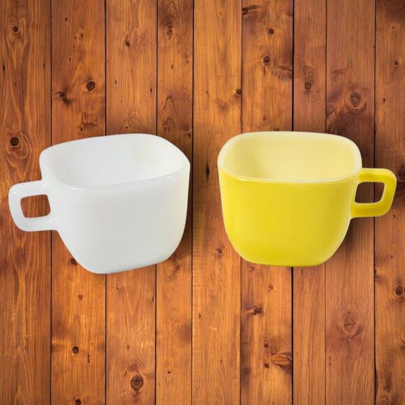 Vintage Glasbake Milk Glass Mugs Lot of 2 White & Yellow Block Handle Square Mug - Picture 2 of 10
